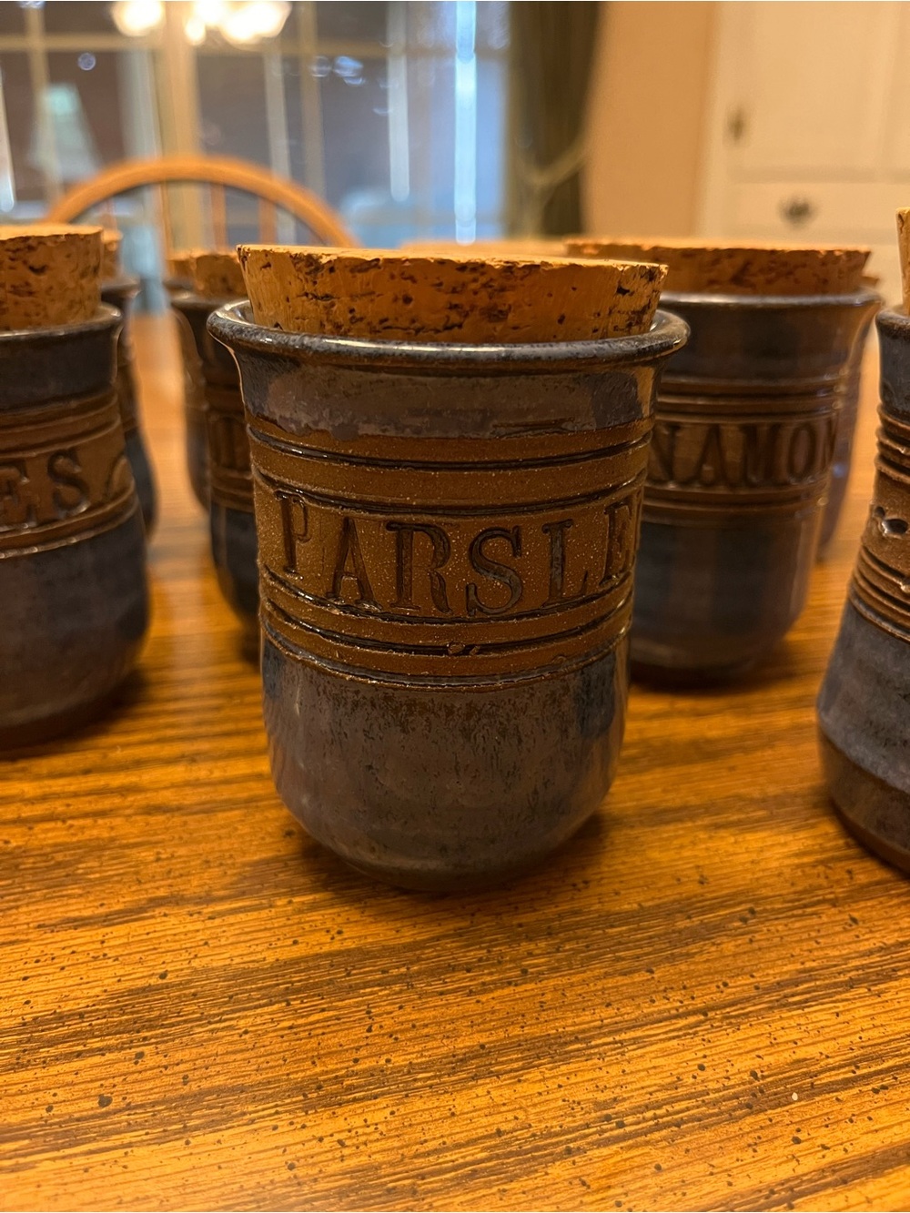 Vintage Groundhog Blues Pottery Spice Jars Set Cobalt Blue Stoneware Cork Lids